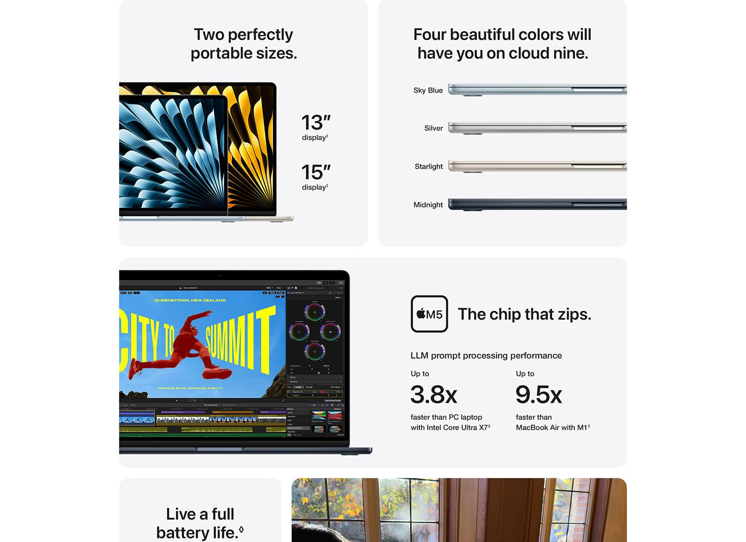 Mac comparison chart featuring the 13-inch MacBook Air (M5), 15-inch MacBook Air (M5), and 14-inch MacBook Pro (M5), showing display sizes, color options, Apple Intelligence support, CPU and GPU configurations, storage, memory, and battery life specifications.